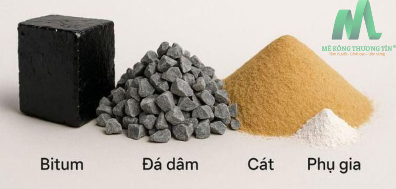 Thành phần bê tông nhựa gồm đá dăm, cát, bột khoáng và nhựa đường