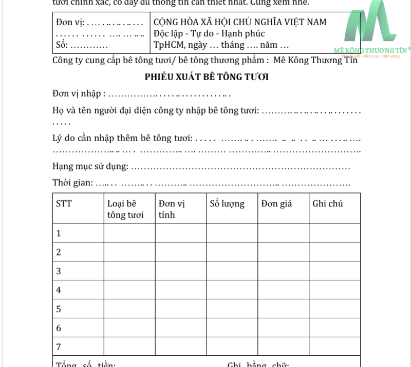 Phiếu xuất bê tông tươi là gì, vai trò và ý nghĩa của nó?